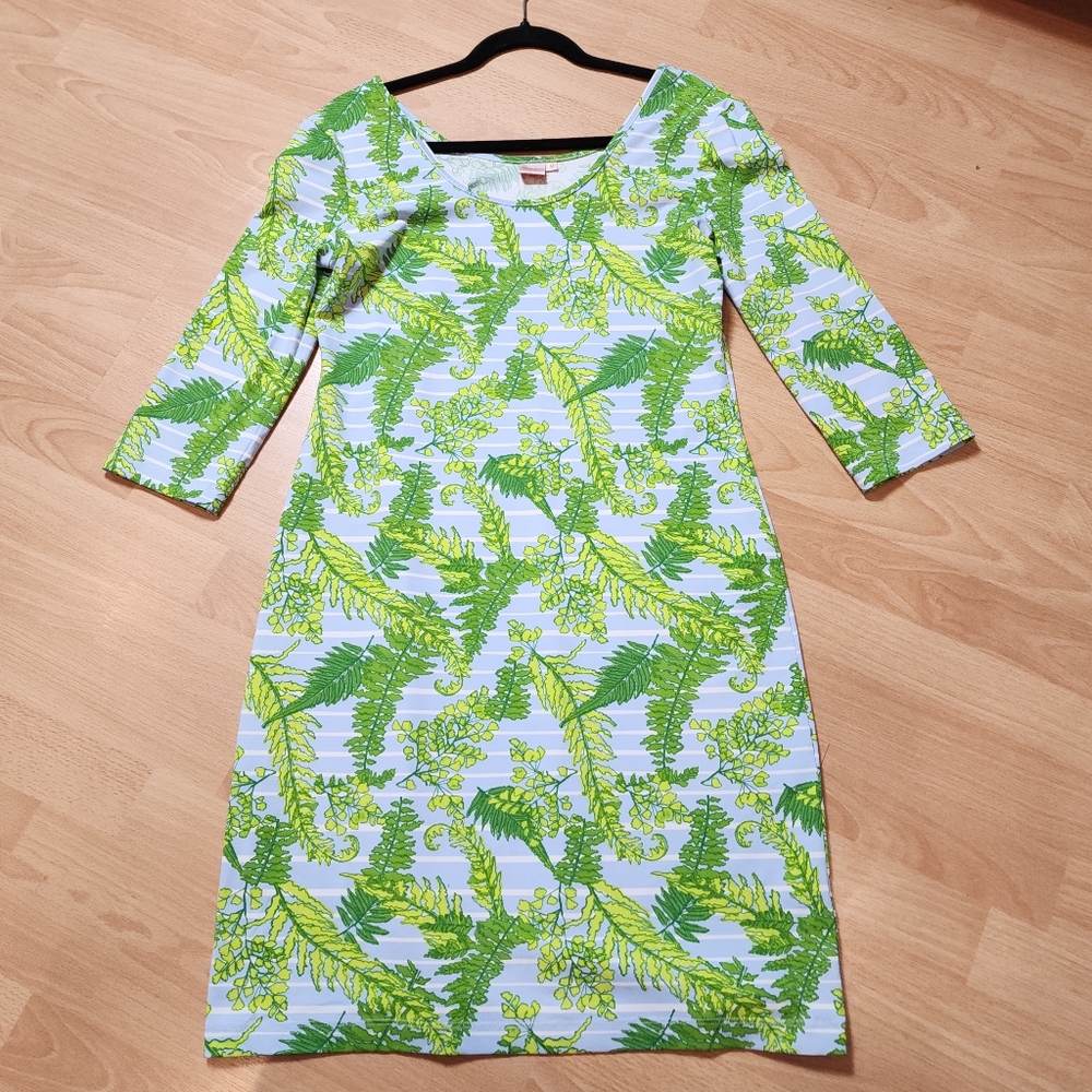 Persifor Kilpatrick Blue Stripe Green Leaf Shift Dress Stretch Resortwear Size M